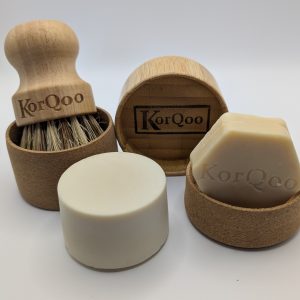 KorQoo Combination Cork Soap Box and brush with Products